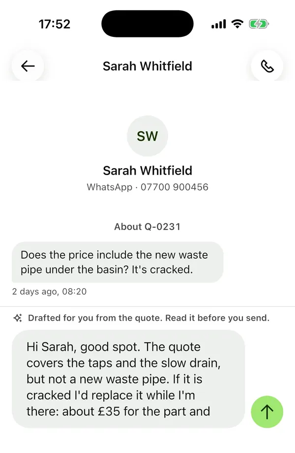 A WhatsApp thread with Sarah Whitfield about quote Q-0231 and a reply drafted from the quote, ready to send.