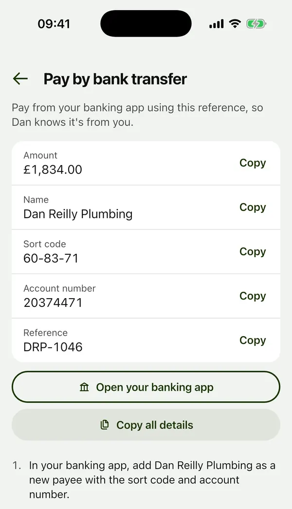 Pay by bank transfer: amount, name, sort code, account number and reference, each with a Copy button, then Open your banking app and I've sent it.