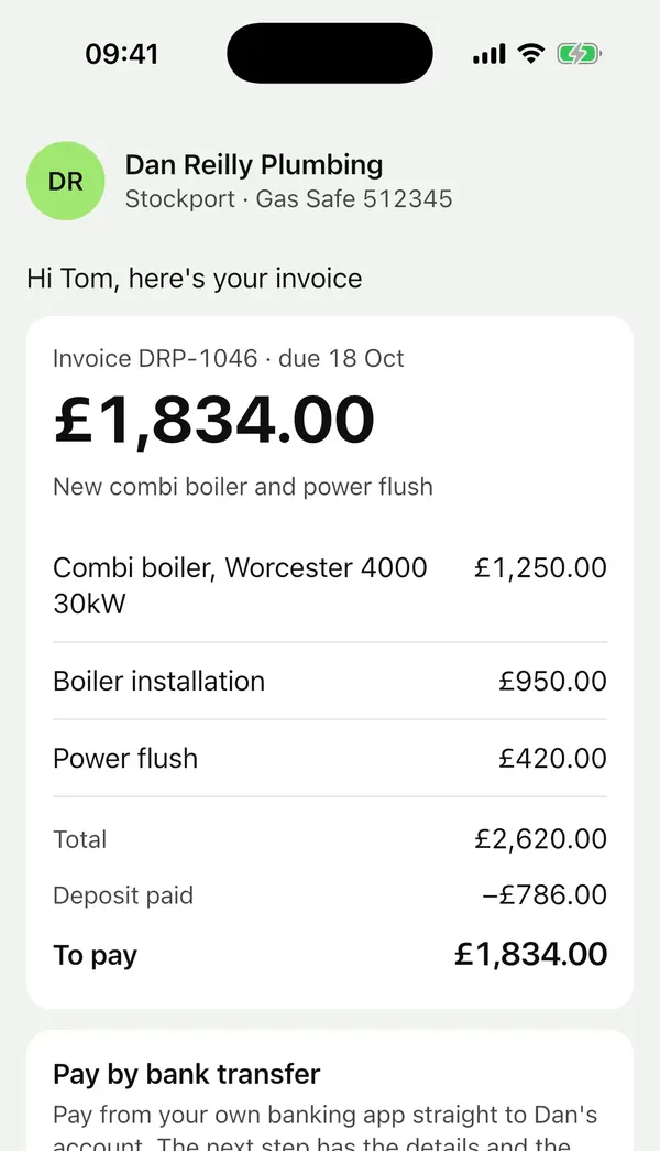 The customer's page for invoice DRP-1046 from Dan Reilly Plumbing: £1,834.00 to pay, with each line listed and a Pay by bank transfer button.